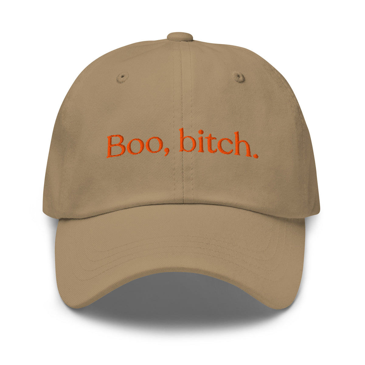 A tan baseball cap with orange embroidered text reading 'Boo, bitch.' on the front, shown against a plain white background.