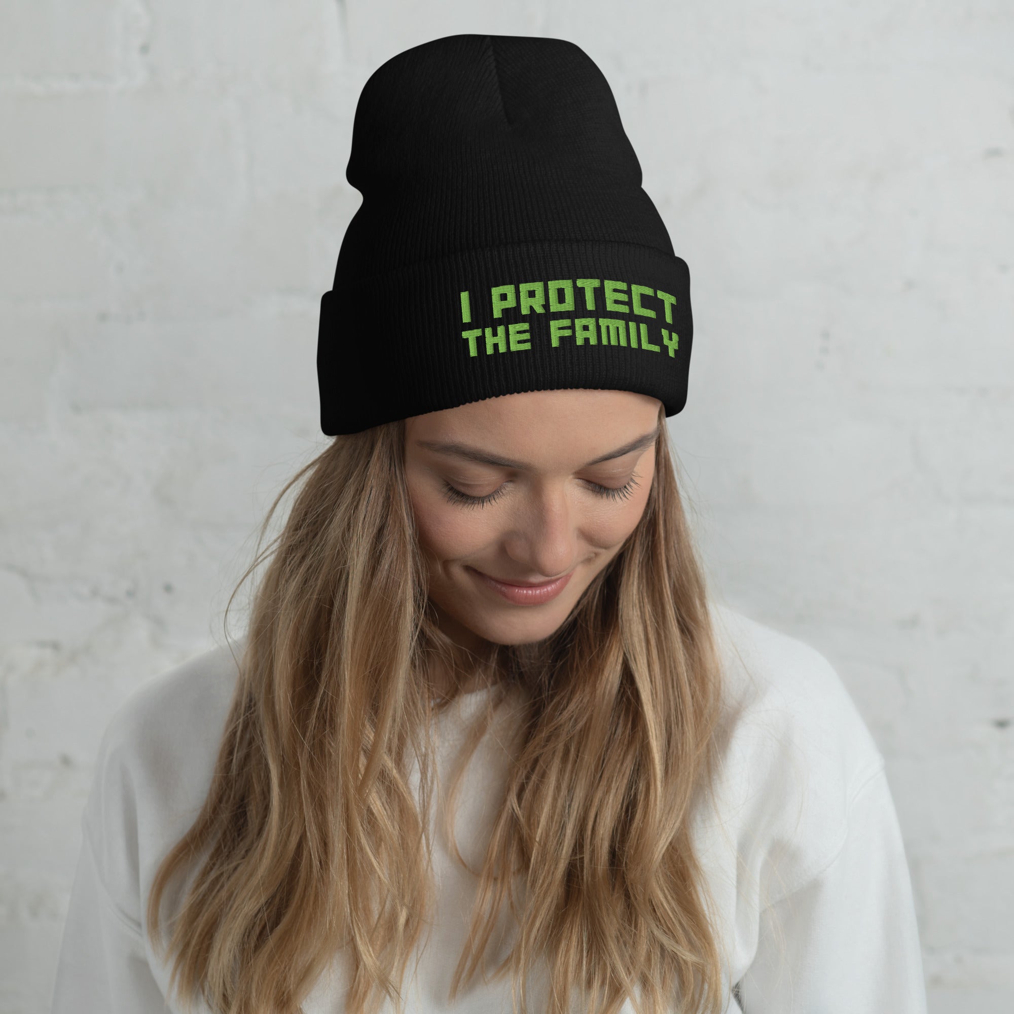 I Protect the Family Green Embroidery Cuffed Beanie