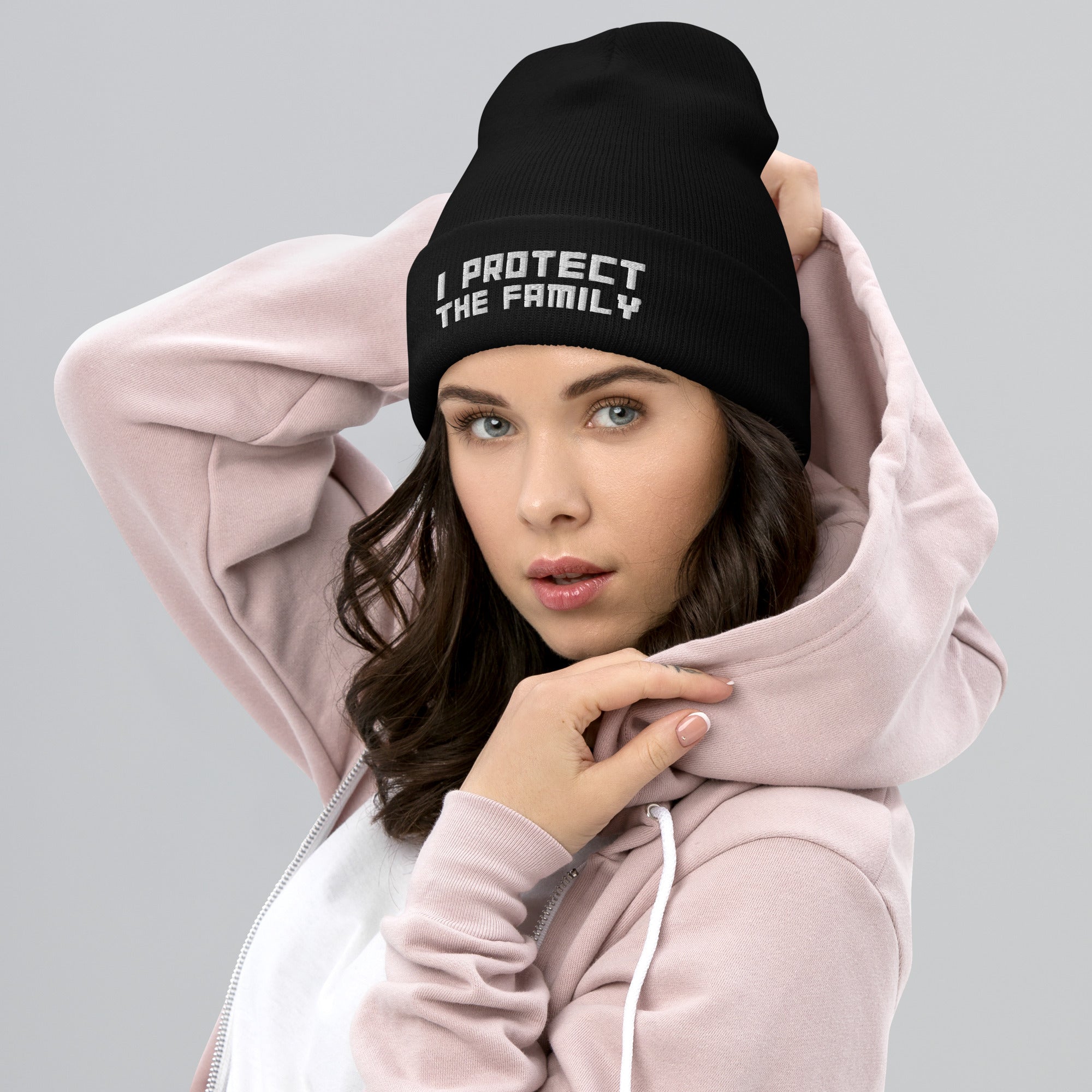 I Protect the Family White Embroidery Cuffed Beanie