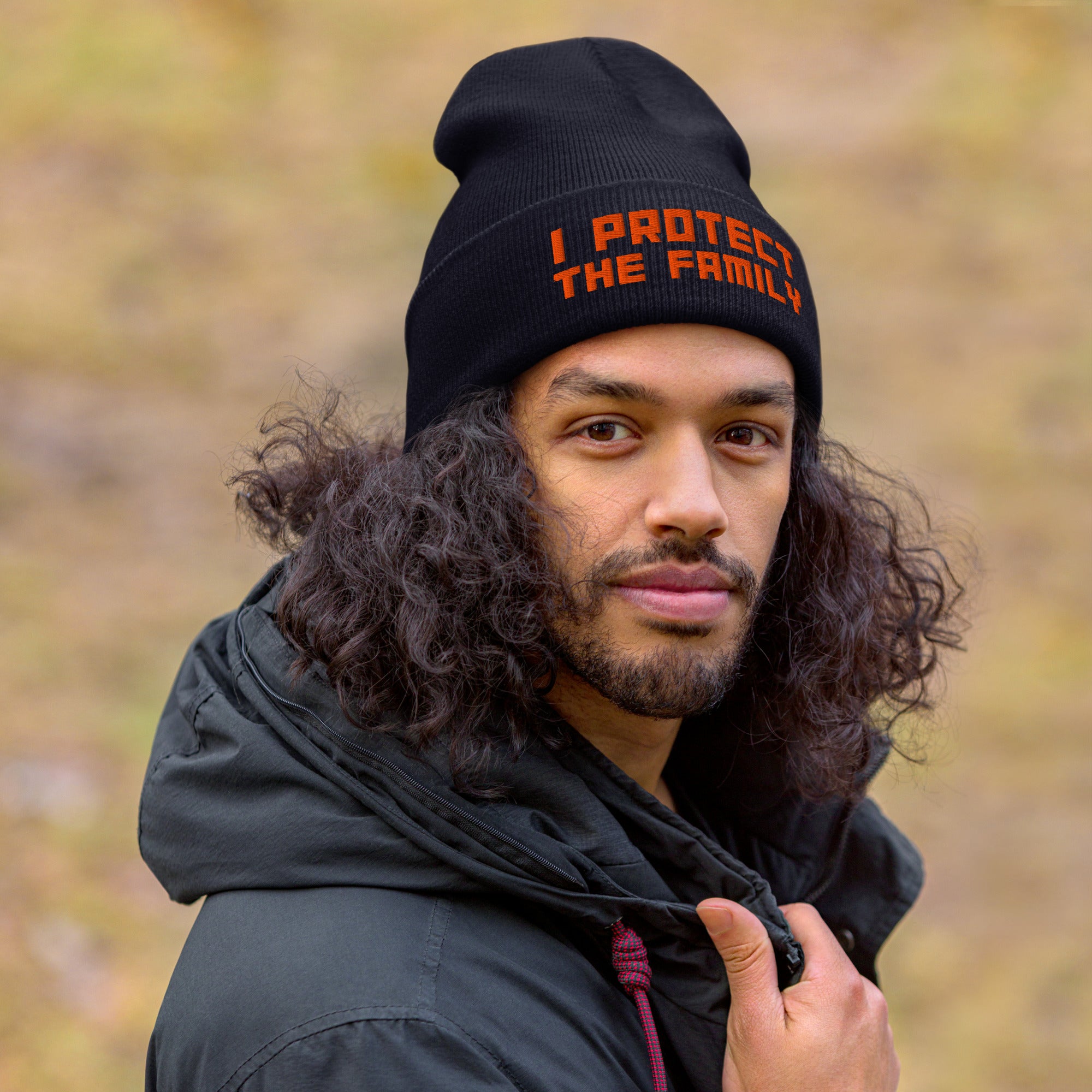 I Protect the Family Orange Embroidery Cuffed Beanie