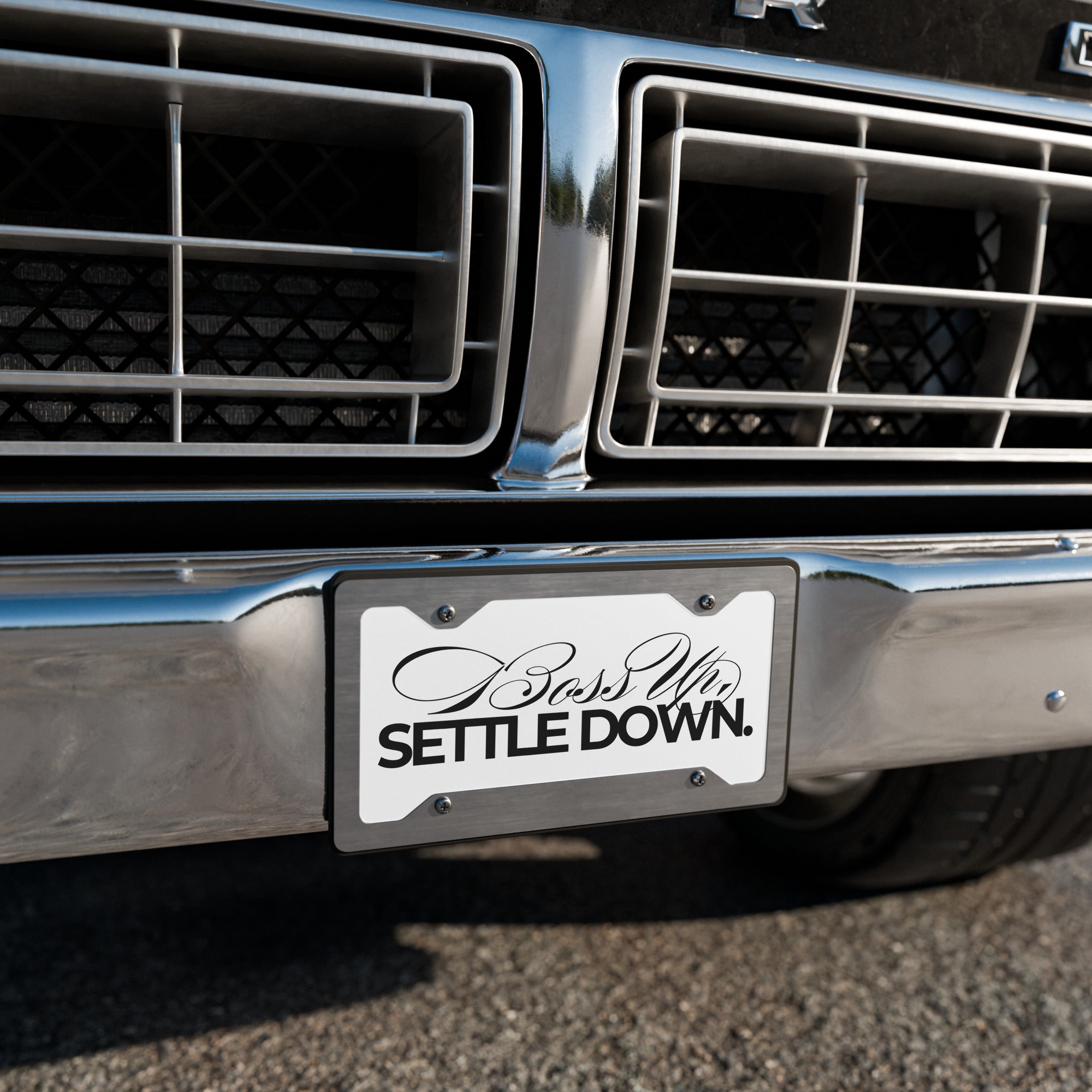 White Boss Up, Settle Down Getaway Car Vanity License Plate